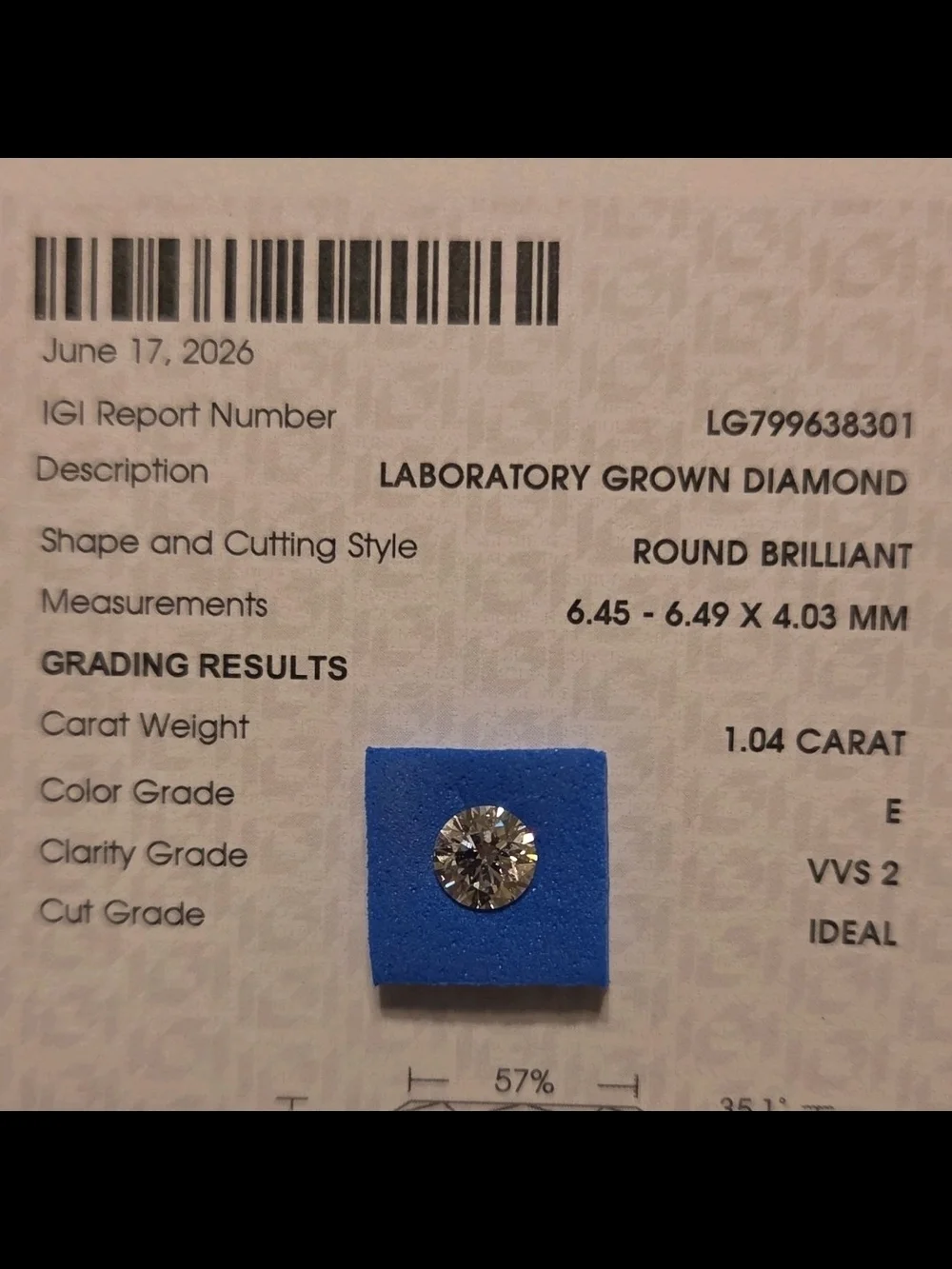 Lab-Grown Round Brilliant Diamond VVS2 - E Color 1.04ct